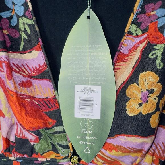 NWT FARM RIO  XL Spring Banana Floral Mini Dress Pleated V-Neck Black Boho - Picture 3 of 16